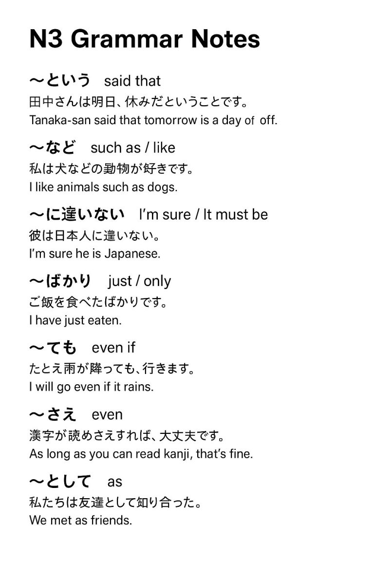 Japanese Notes For Learning JLPT N3 Grammar Notes